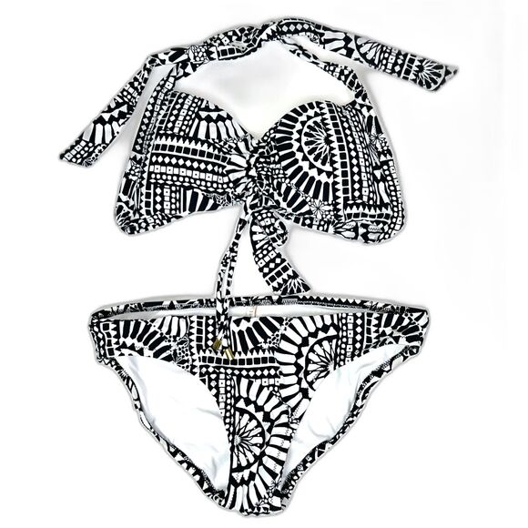 NWOT Helen Jon Black White Zanzibar Bikini Halter Tie Top 2 Piece Swimsuit S - Picture 1 of 11